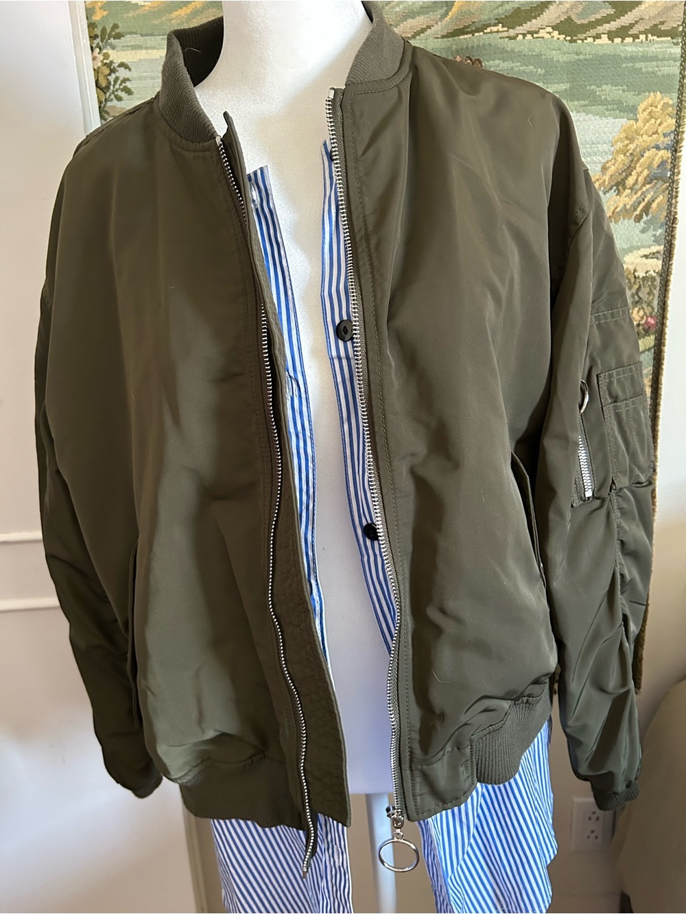 Olive Green Women's Bomber Jacket - Classic Zip Front